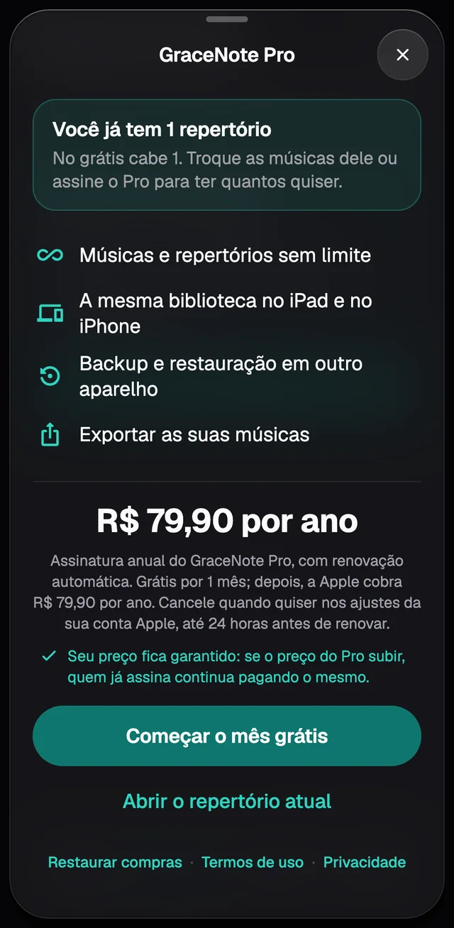 Ao tentar criar o segundo repertório