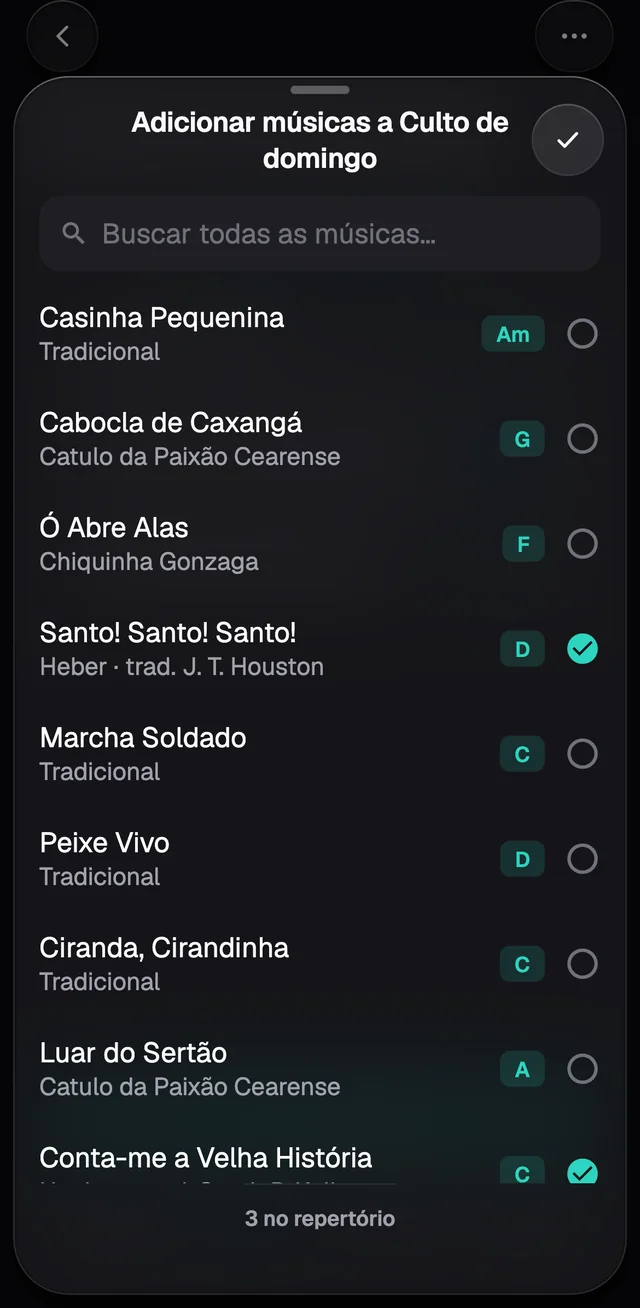 Adicionar músicas ao repertório