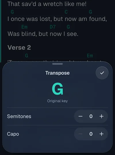 The transpose sheet with key and capo