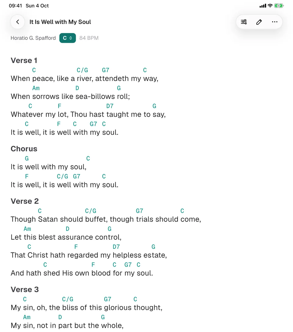 A chord chart on stage on iPad, in light mode