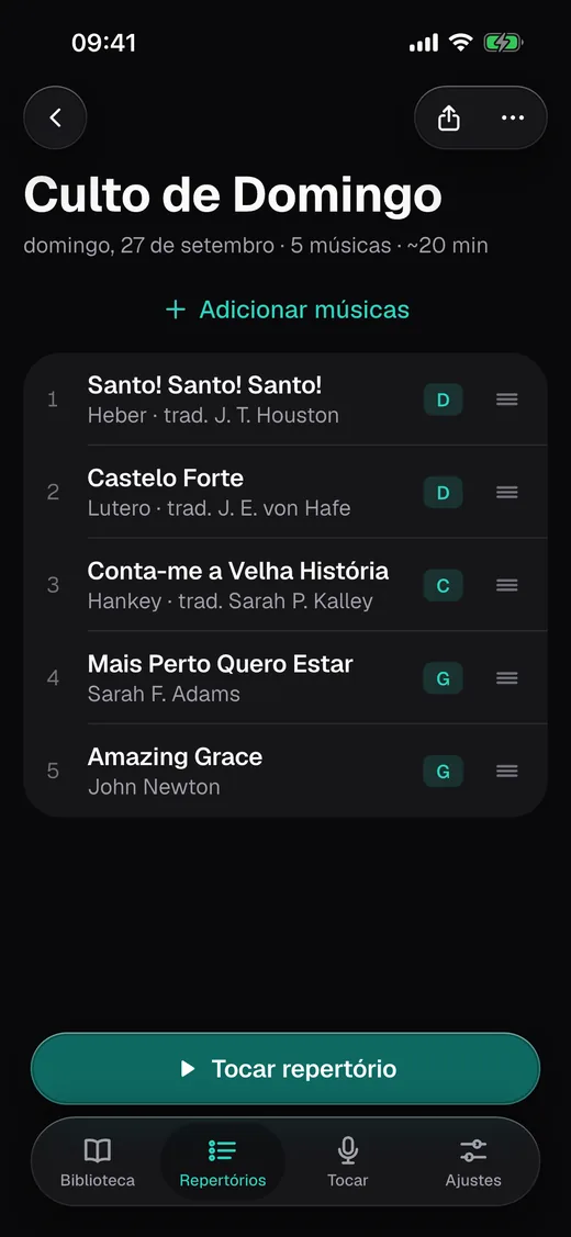 Um repertório com cinco músicas no iPhone