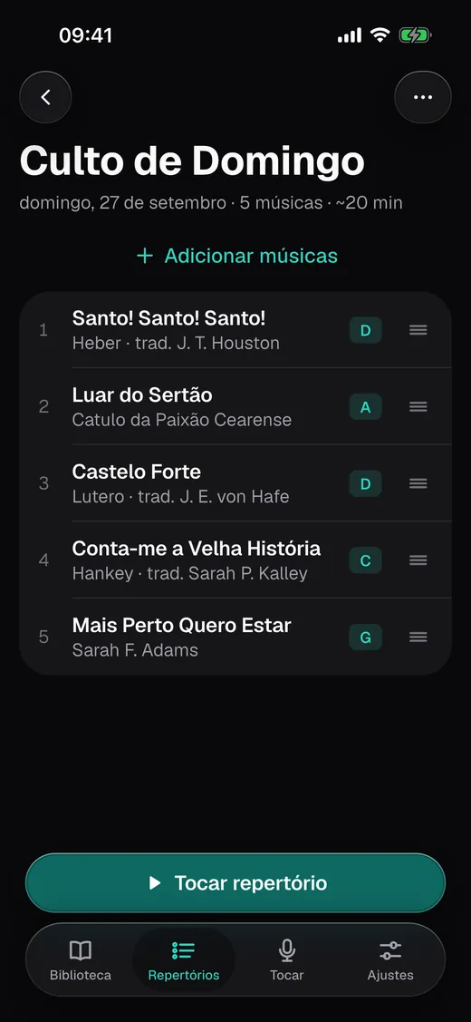 Um repertório com cinco músicas no iPhone