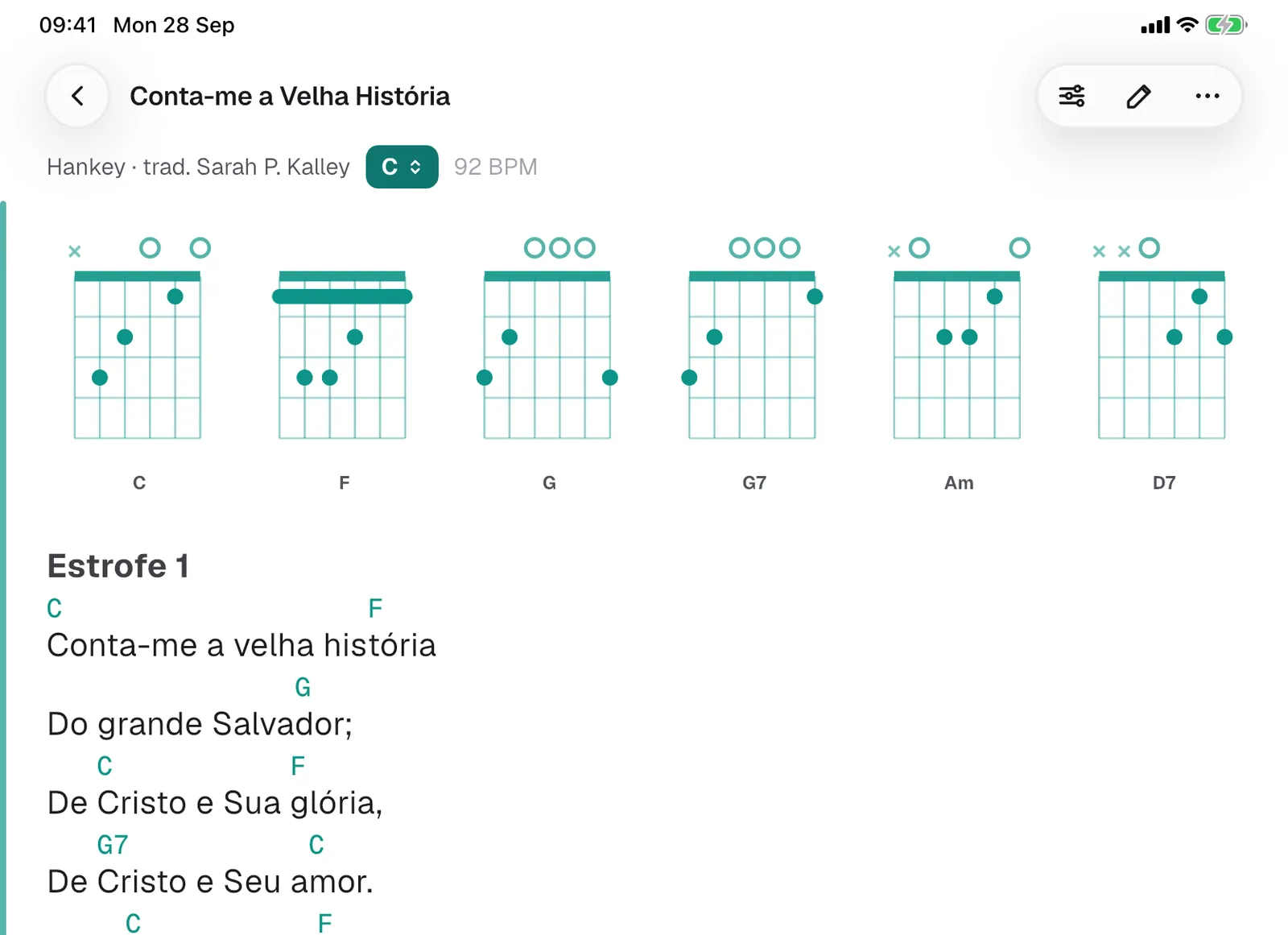 Uma cifra com diagramas de acorde no iPad